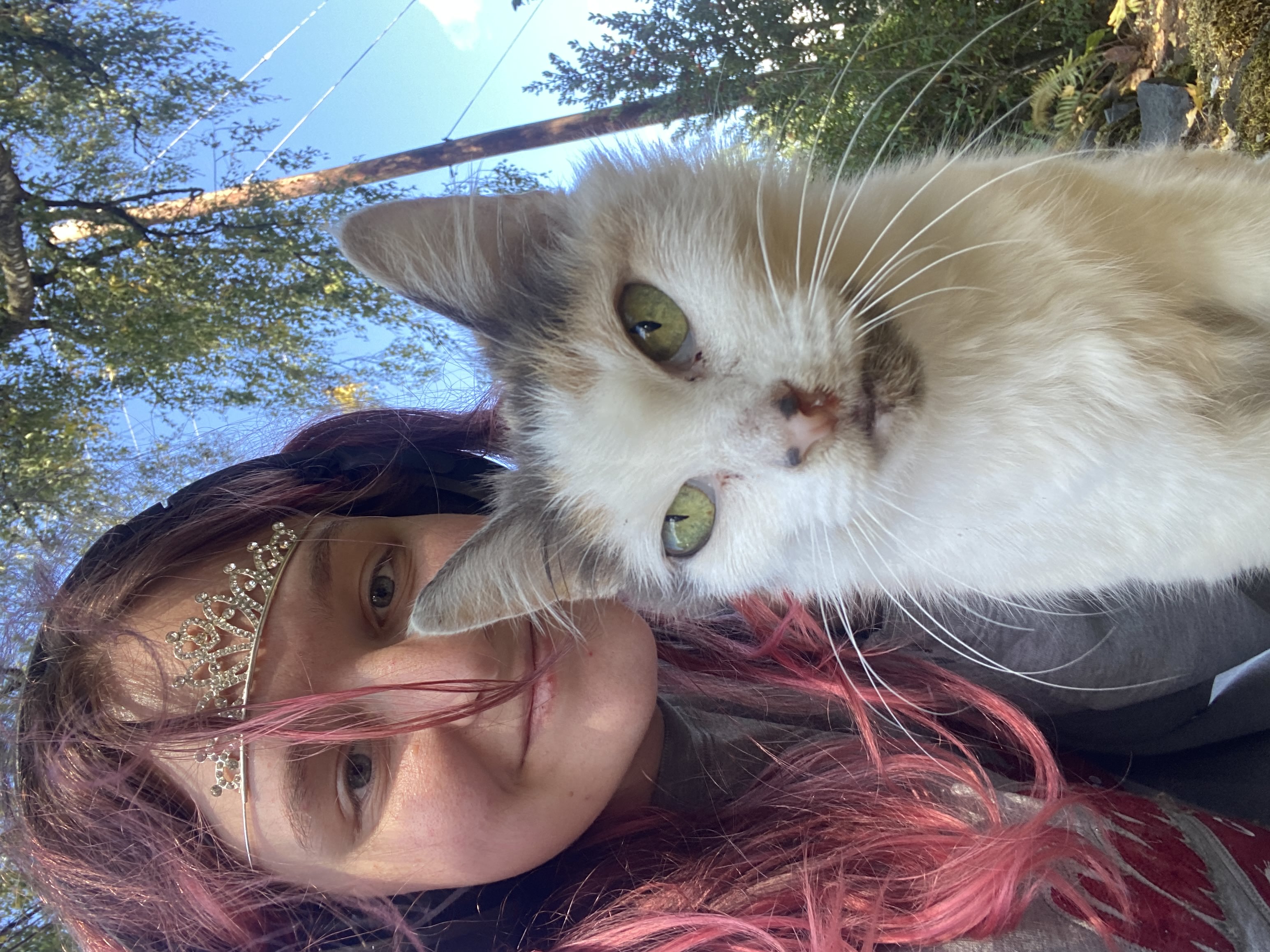 Sunflower wears a tiara and a small smile, while posing with a stray cat from the neighborhood